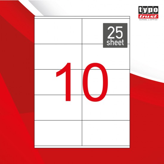 ΔΙΑΣΤΑΣΕΙΣ(mm): 105X57. ΕΤΙΚΕΤΕΣ ΑΝΑ ΦΥΛΛΟ: 10. ΣΤΗΛΕΣ: 2. ΓΡΑΜΜΕΣ: 5. ΦΥΛΛΑ ΑΝΑ ΠΑΚΕΤΟ: 25