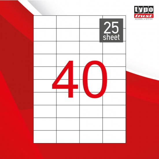 ΔΙΑΣΤΑΣΕΙΣ(mm): 52,5X29,7. ΕΤΙΚΕΤΕΣ ΑΝΑ ΦΥΛΛΟ: 40. ΣΤΗΛΕΣ: 4. ΓΡΑΜΜΕΣ: 10. ΦΥΛΛΑ ΑΝΑ ΠΑΚΕΤΟ: 25