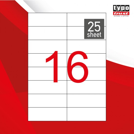 ΔΙΑΣΤΑΣΕΙΣ(mm): 105X37,125. ΕΤΙΚΕΤΕΣ ΑΝΑ ΦΥΛΛΟ: 16. ΣΤΗΛΕΣ: 2. ΓΡΑΜΜΕΣ: 8. ΦΥΛΛΑ ΑΝΑ ΠΑΚΕΤΟ: 25