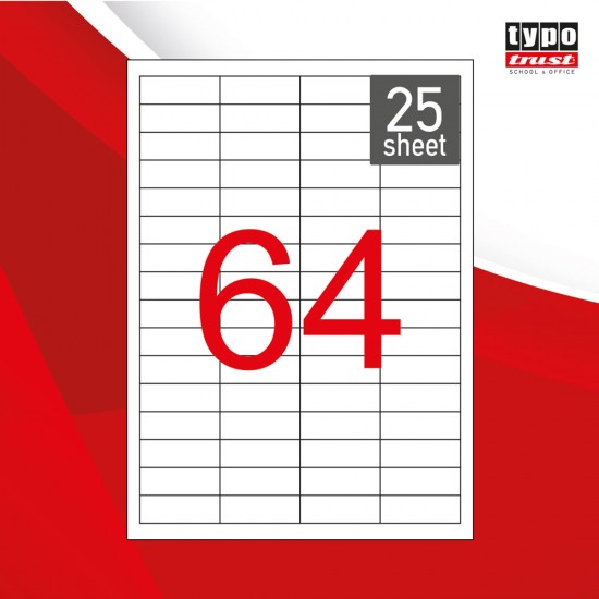 ΔΙΑΣΤΑΣΕΙΣ(mm): 48,5X16,9. ΕΤΙΚΕΤΕΣ ΑΝΑ ΦΥΛΛΟ: 64. ΣΤΗΛΕΣ: 4. ΓΡΑΜΜΕΣ: 16. ΦΥΛΛΑ ΑΝΑ ΠΑΚΕΤΟ: 25