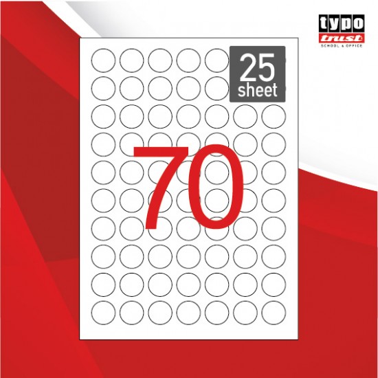 ΔΙΑΣΤΑΣΕΙΣ(mm): 25mm ΣΤΡΟΓΓΥΛΗ. ΕΤΙΚΕΤΕΣ ΑΝΑ ΦΥΛΛΟ: 70. ΣΤΗΛΕΣ: 7. ΓΡΑΜΜΕΣ: 10. ΦΥΛΛΑ ΑΝΑ ΠΑΚΕΤΟ: 25